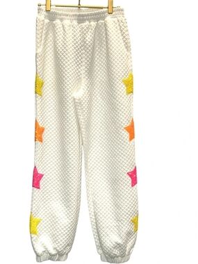 Main Strip White Quilted Jogger Bottoms with Yellow Orange Pink Sequin Stars